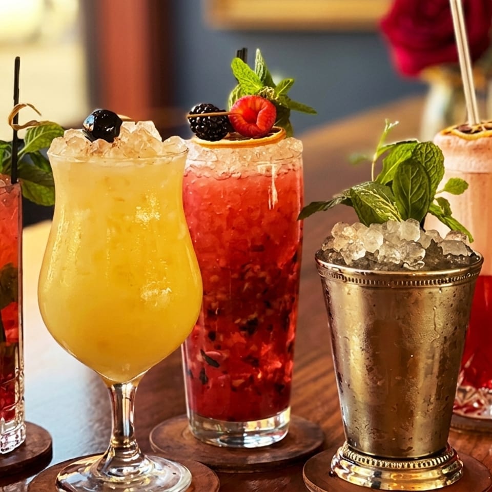 Five colorful cocktails with ice, fruit, and mint garnishes on a wooden table.