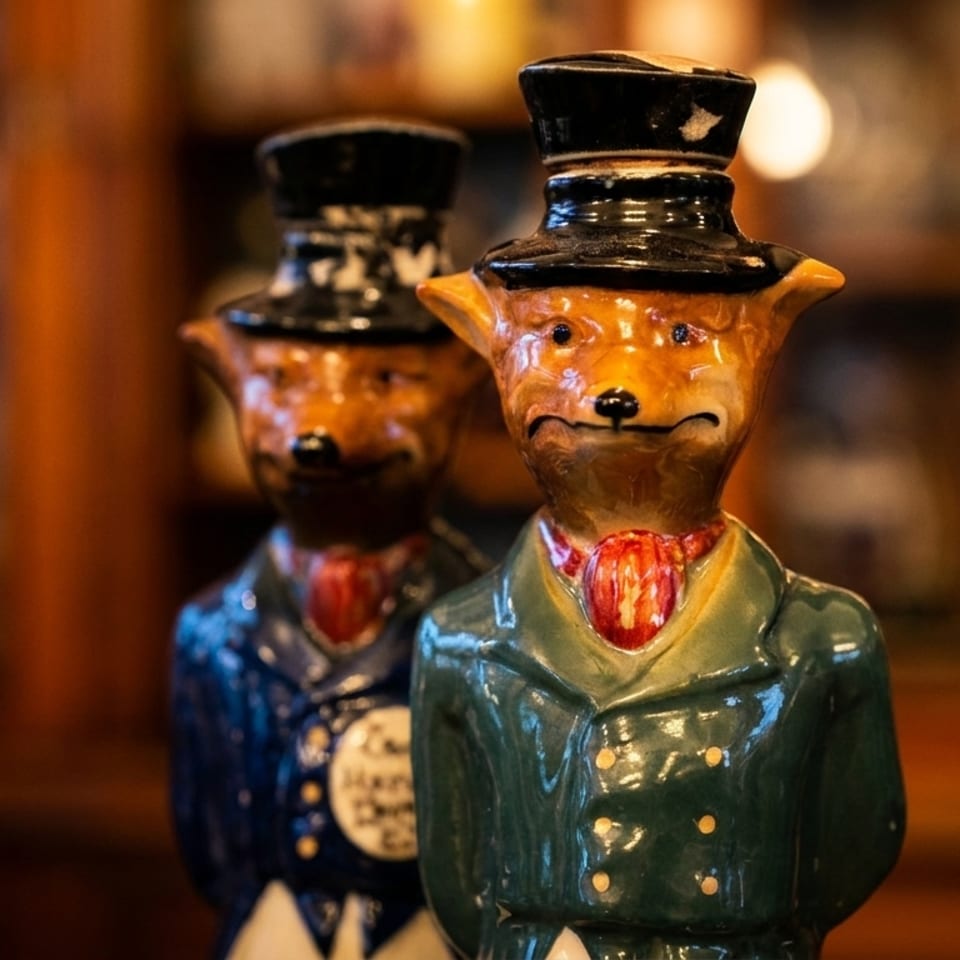 Two ceramic fox figurines in suits and top hats stand on a wooden surface.