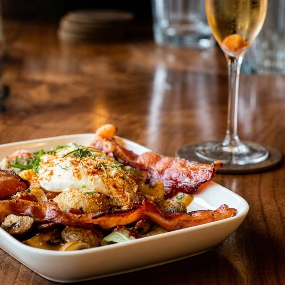 A white rectangular dish filled with bacon, poached eggs, mushrooms, and herbs, next to a champagne flute.